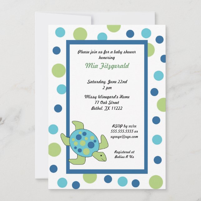 Invitation Baby shower ou fête d'anniversaire de la tortue de (Devant)