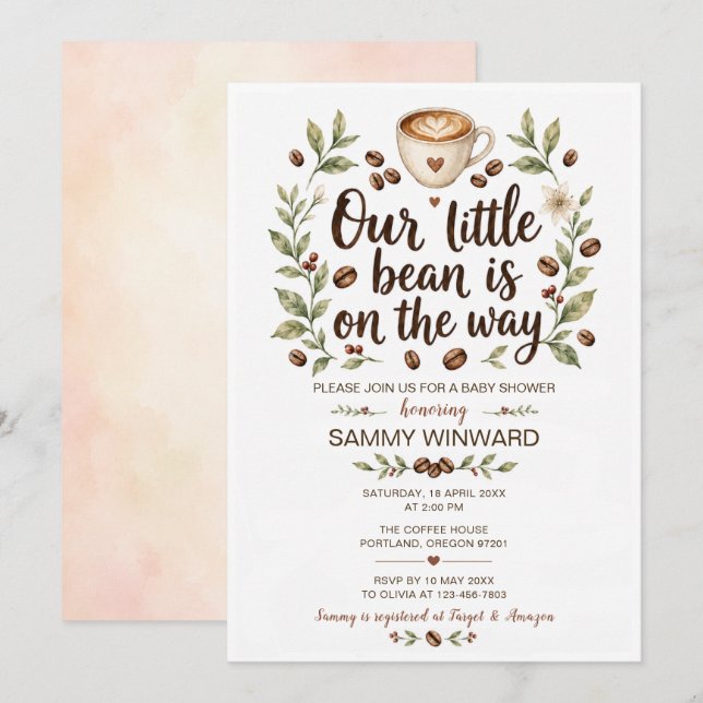 Invitation Baby Shower Our Little Bean Café (Devant / Derrière)