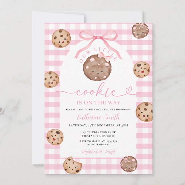 Invitation Baby Shower Our Little Cookie Ruban Gingham Rose (Devant)