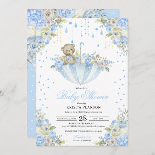 Invitation Baby shower Ours Bébé Bleu Parapluie Teddy