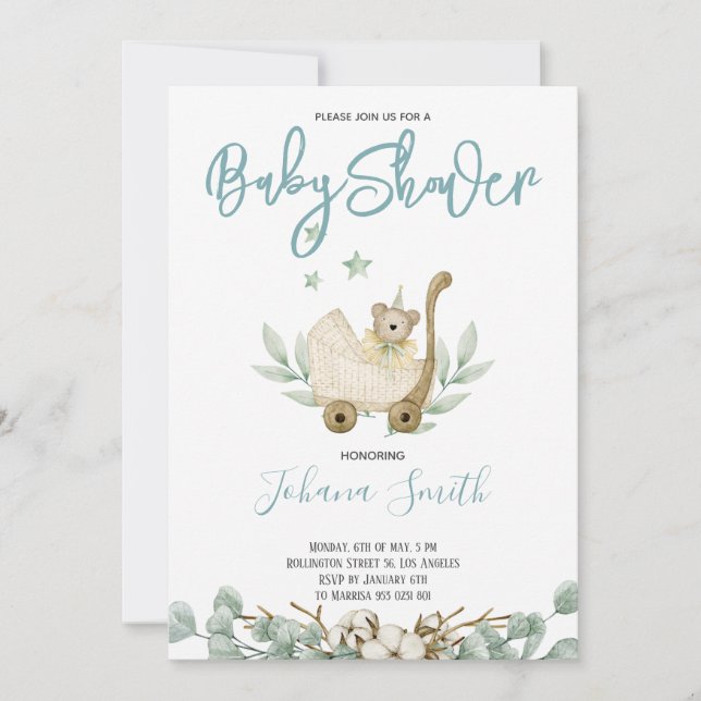 Invitation Baby shower Ours bleu aquarelle (Devant)