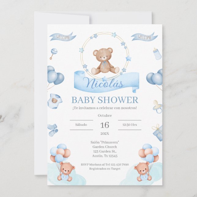 Invitation Baby shower Ours Bleu Espagnol (Devant)