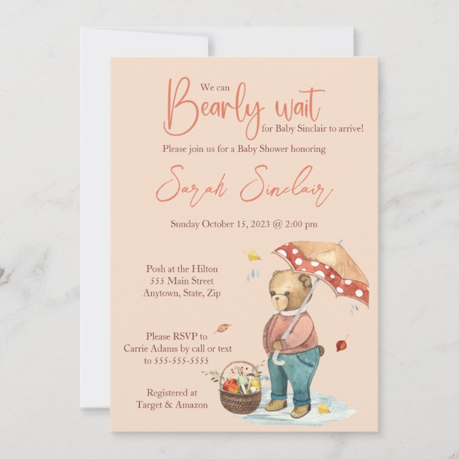 Invitation Baby shower Ours d'automne, Ours d'auto (Devant)