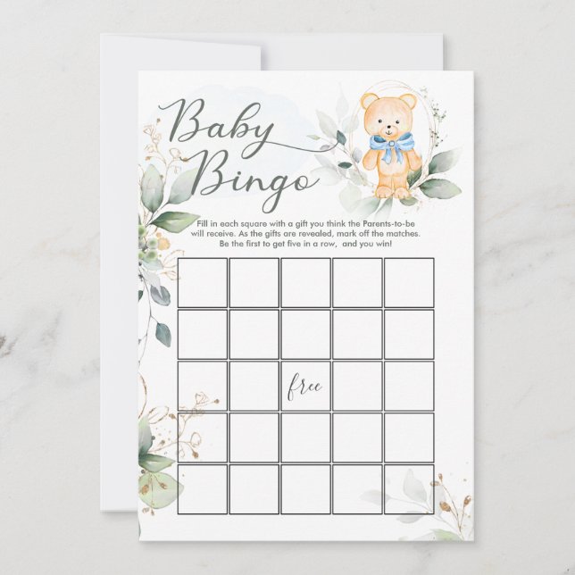 Invitation Baby shower Ours de verdure Jeux de Bingo/Traits (Devant)
