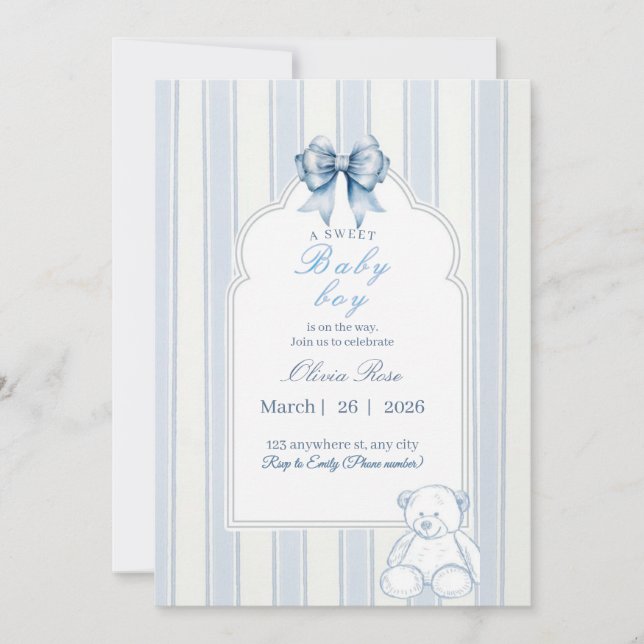 Invitation Baby shower ours doudou rétro rayé bleu blanc (Devant)
