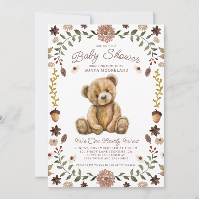 Invitation Baby Shower Ours en Aquarelle (Devant)