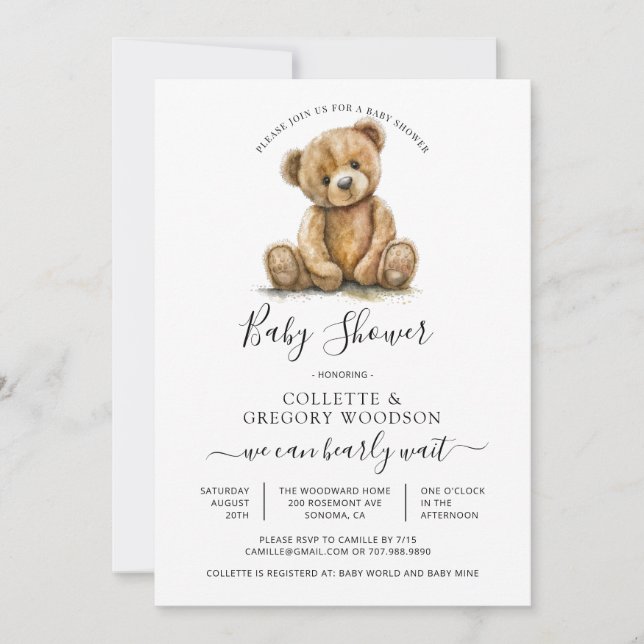 Invitation Baby Shower Ours en aquarelle simple (Devant)