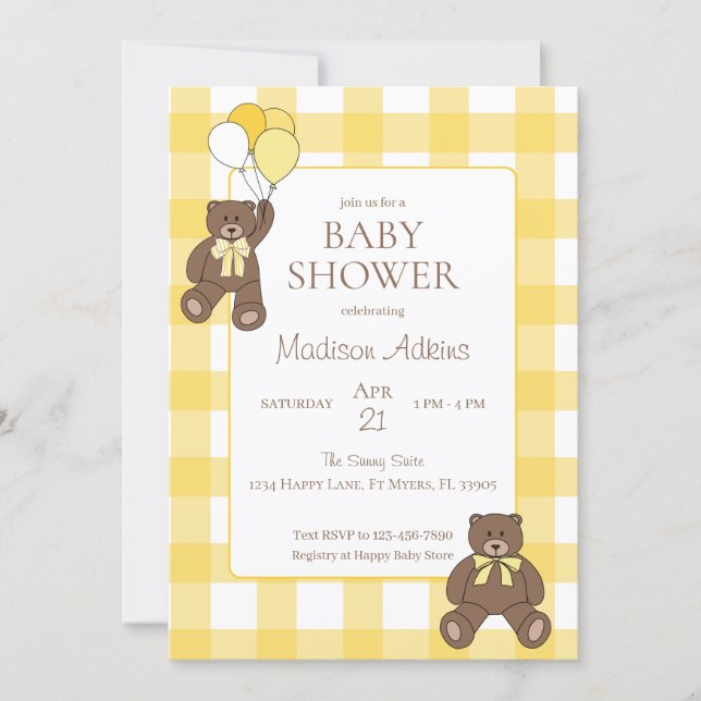 Invitation Baby Shower Ours en Caire Plaid Jaune et Blanc (Devant)