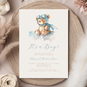 Invitation Baby Shower Ours en peluche à l'aquarelle bleue po