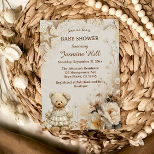 Invitation Baby Shower Ours en peluche beige vintage