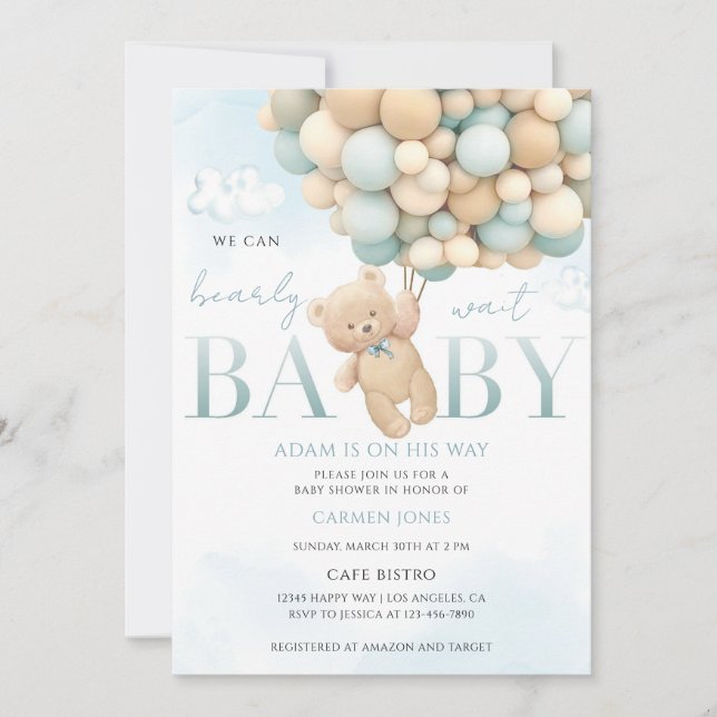 Invitation Baby-Shower Ours en Peluche Bleu (Devant)