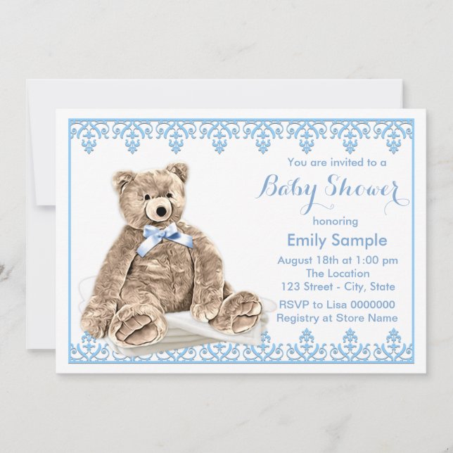 Invitation Baby-Shower Ours en peluche bleu (Devant)