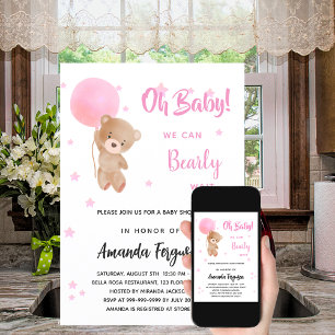 Invitation Baby shower ours en peluche fille ballon rose