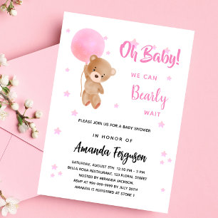 Invitation Baby shower ours en peluche fille ballon rose luxe