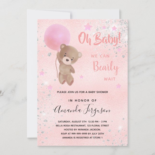 Invitation Baby shower ours en peluche fille rose argent (Devant)
