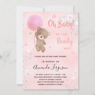 Invitation Baby shower ours en peluche fille rose argent
