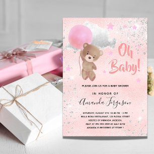 Invitation Baby shower ours en peluche fille rose argent luxe