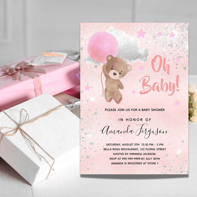Invitation Baby shower ours en peluche fille rose argent luxe (Créateur téléchargé)