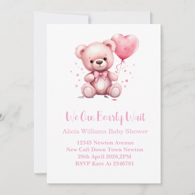 Invitation Baby Shower Ours en peluche rose (Devant)