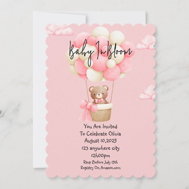 Invitation baby shower ours en peluche rose (Devant)