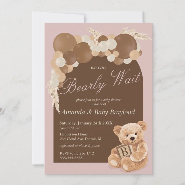 Invitation Baby Shower Ours en peluche rose poussiéreux Bohèm (Devant)