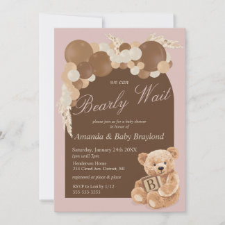 Invitation Baby Shower Ours en peluche rose poussiéreux Bohèm