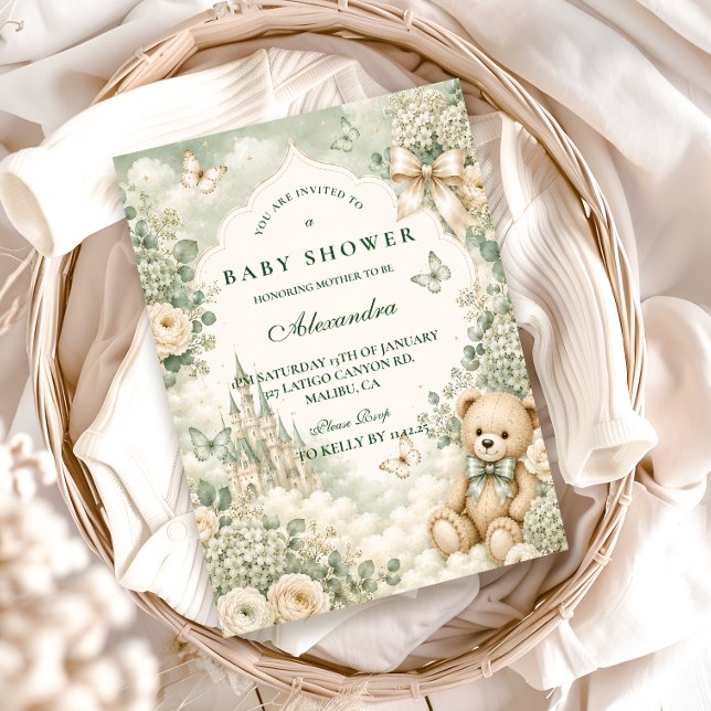 Invitation Baby Shower Ours en Peluche Vert Élégant (Créateur téléchargé)