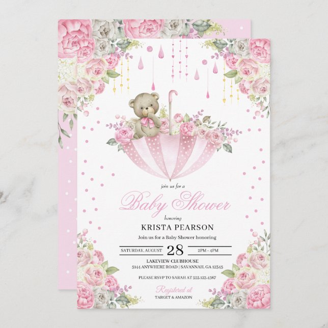 Invitation Baby shower Ours En Teddy Pink Baby Sprinkle Parap (Devant / Derrière)