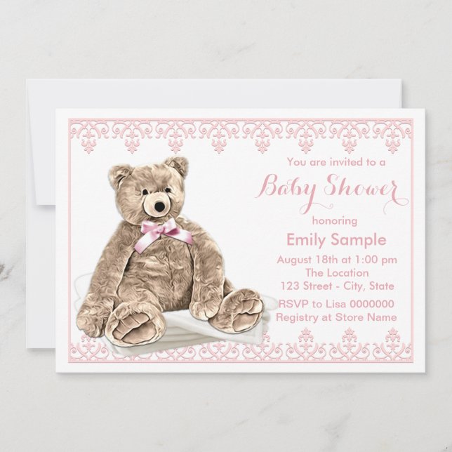 Invitation Baby Shower Ours en Teddy Rose (Devant)