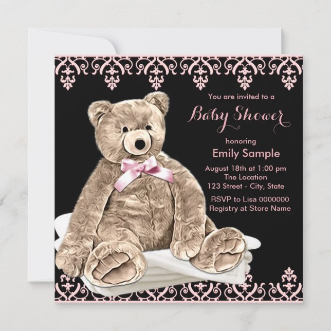 Invitation Baby Shower Ours en Teddy Rose (Devant)