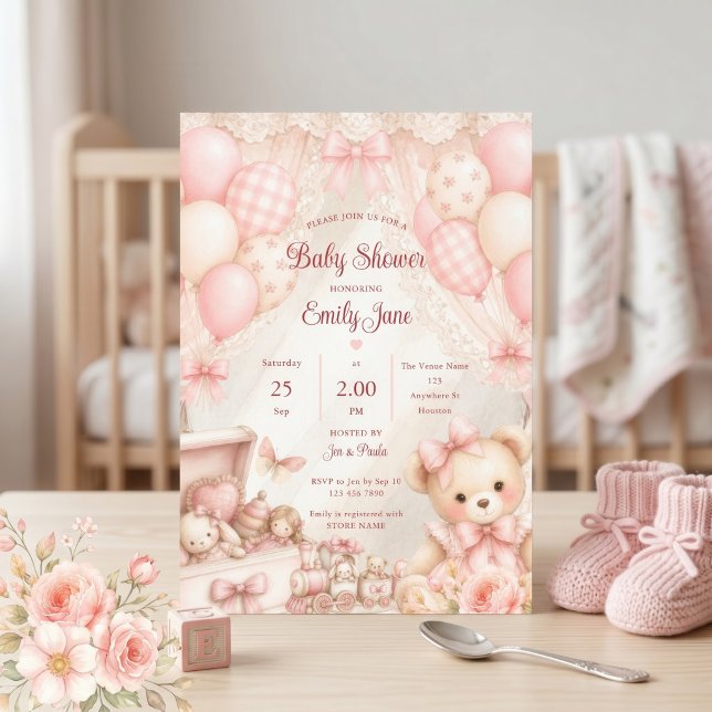 Invitation Baby Shower Ours en Teddy Rose Coquette (Créateur téléchargé)