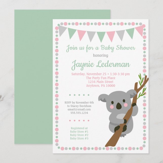 Invitation Baby shower Ours Koala Filles Monnaie R (Devant / Derrière)