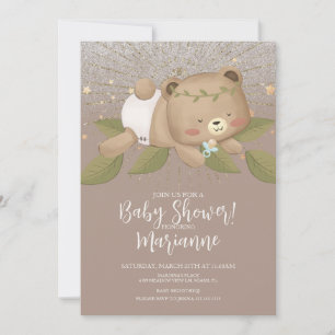 Invitation Baby Shower Ours Paillettes Bohème Étoiles Or