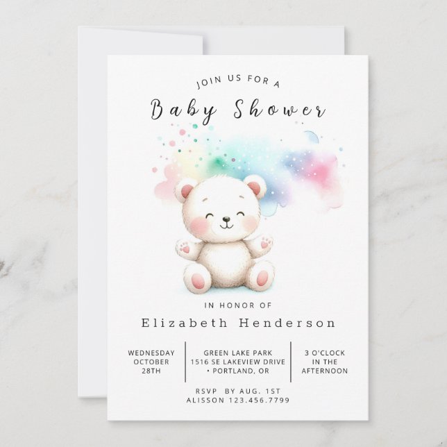 Invitation Baby shower Ours Pastel Aquarelle (Devant)