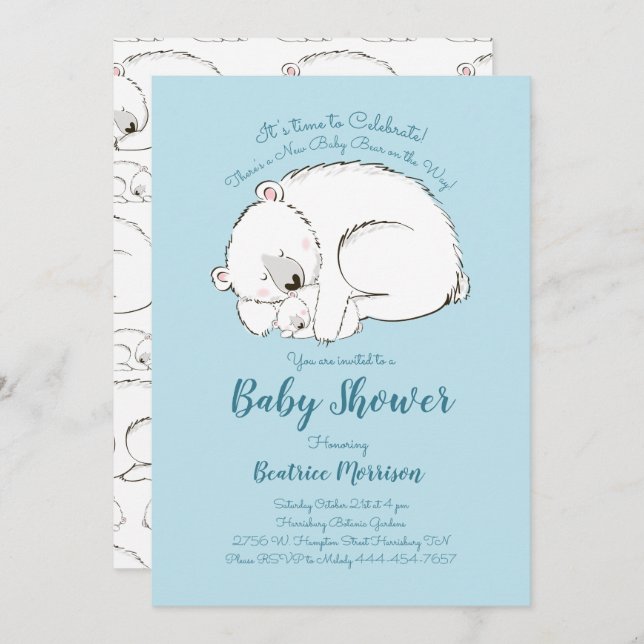 Invitation Baby shower Ours Polaire Bois Bois d'hiver Bleu (Devant / Derrière)