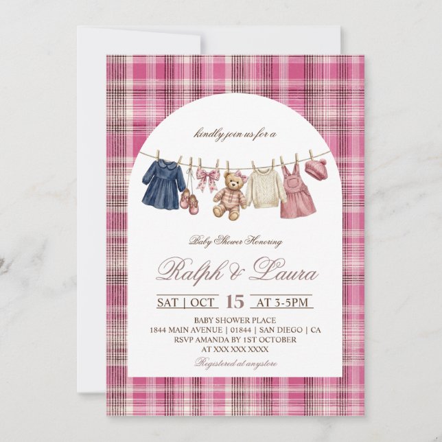 Invitation Baby Shower Ours Rose à Carreaux (Devant)