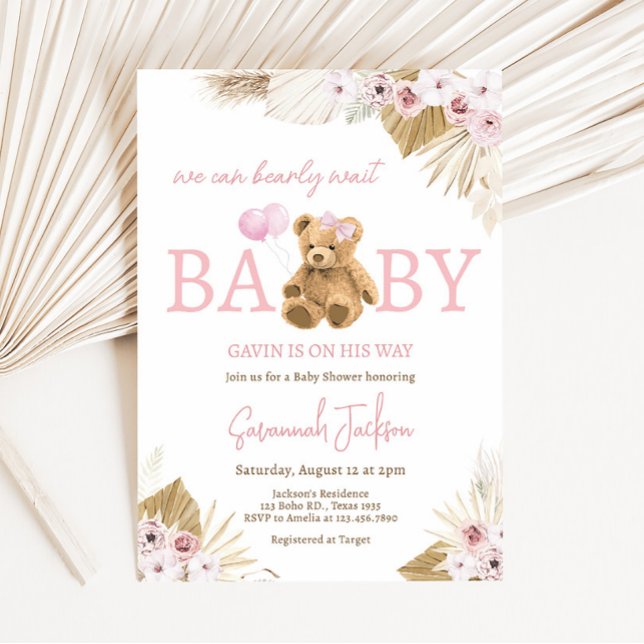Invitation Baby shower Ours rose Boho (Pink Pampas Grass Teddy Bear Baby Shower Invitation)