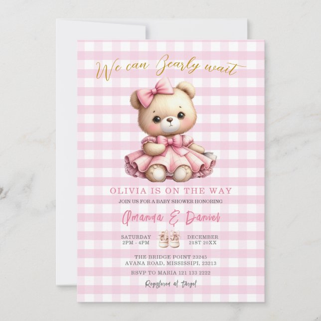 Invitation Baby shower Ours Rose En vichy peut attendre préma (Devant)