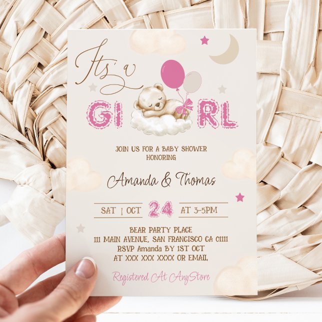 Invitation Baby Shower Ours Rose Vintage (Créateur téléchargé)