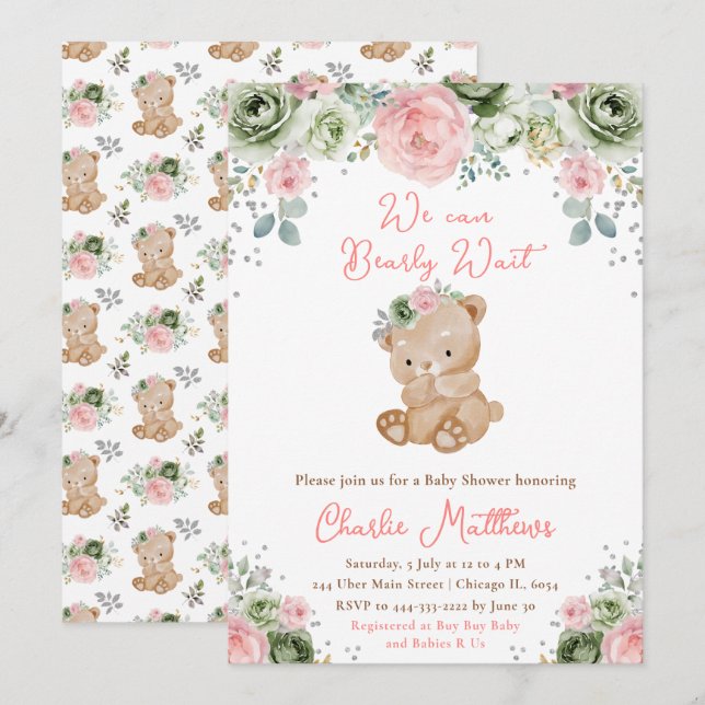 Invitation Baby Shower Ours Sage Vert et Fleurs Roses (Devant / Derrière)