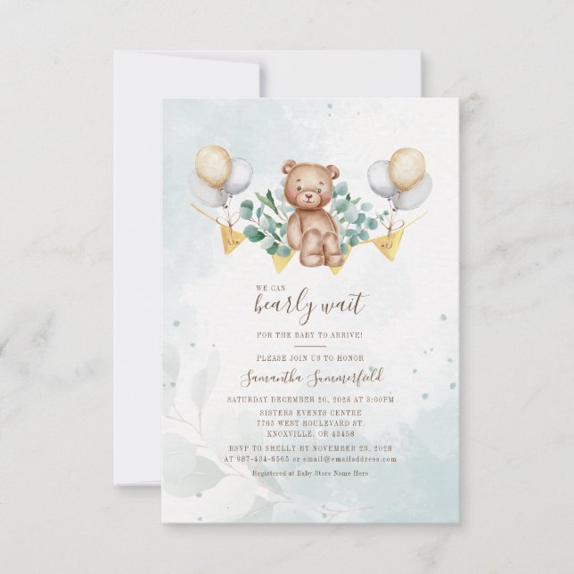 Invitation Baby shower Ours Script Eucalyptus Vert (Devant)