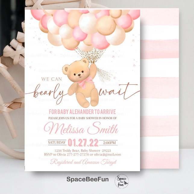 Invitation Baby shower Ours Teddy On Peut Bearly W (Teddy Bear,Baby Shower,Invitation,We Can Bearly,Wait girl,hot air balloon,Bear Theme,Baby Shower inv)