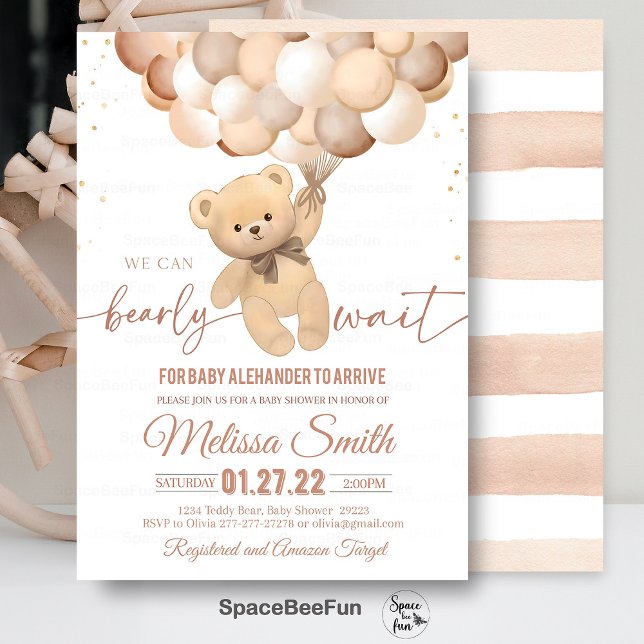 Invitation Baby shower Ours Teddy On Peut Bearly W (eddy Bear,Baby Shower,Invitation,We Can Bearly,Wait girl,hot air balloon,Bear Theme,Baby Shower invi)