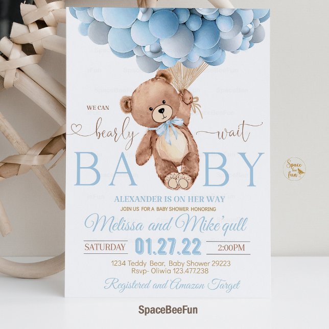 Invitation Baby shower Ours Teddy On Peut Bearly W (Teddy Bear invitation,Baby Shower invites,Invitations,Boy bear baby shower,Bear baby shower invites,)