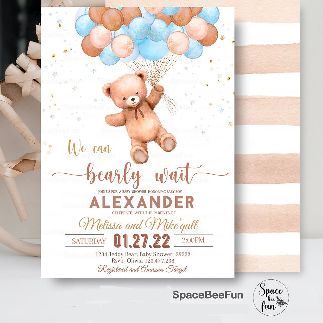 Invitation Baby shower Ours Teddy On Peut Bearly W (Teddy Bear baby shower boy,Baby Shower bear invitation,boho bohemian bear,We Can Bearly Wait invites)