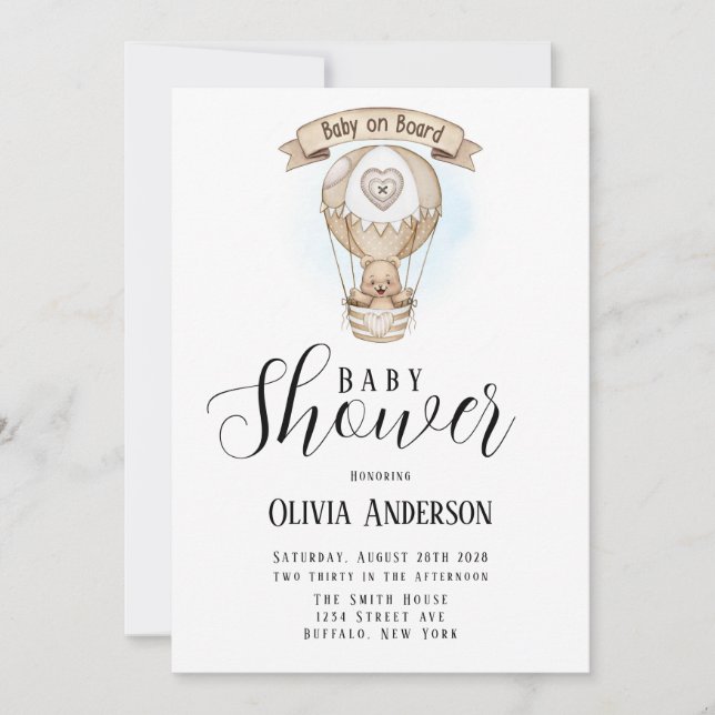 Invitation Baby shower Ours Teddy Tan Hot Air (Devant)