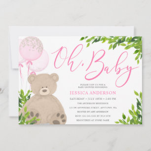 Invitation Baby Shower Ourson en Ballon Rose de Fille avec Fe
