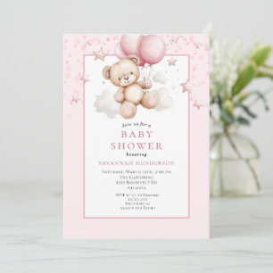 Invitation Baby shower ourson en peluche avec ballons roses