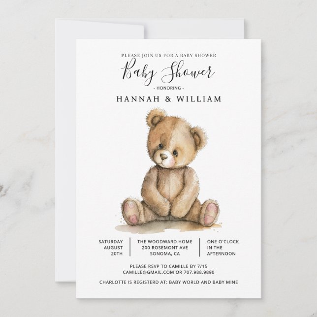 Invitation Baby shower ourson mignon (Devant)