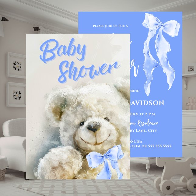 Invitation Baby shower ourson mignon (Baby Shower Cute Bear Blue Ribbon Invitation)